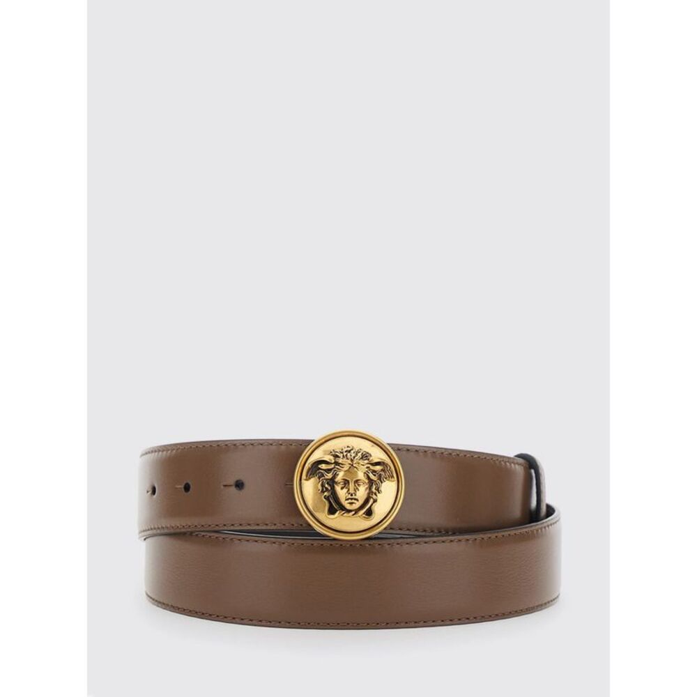 Versace Men Adjustable Calf Leather Belt Versace With Medusa Plaque Buckle